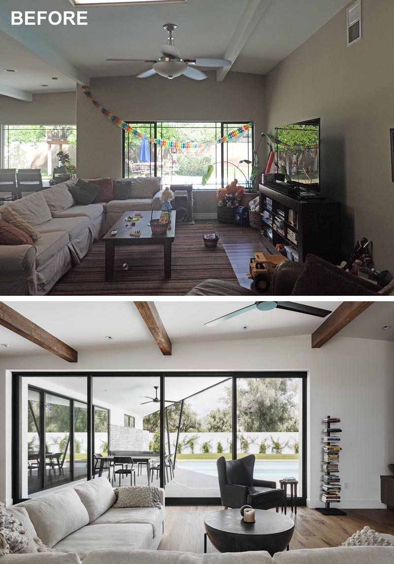 Windows in a living room replaced with pocketing sliding glass doors.