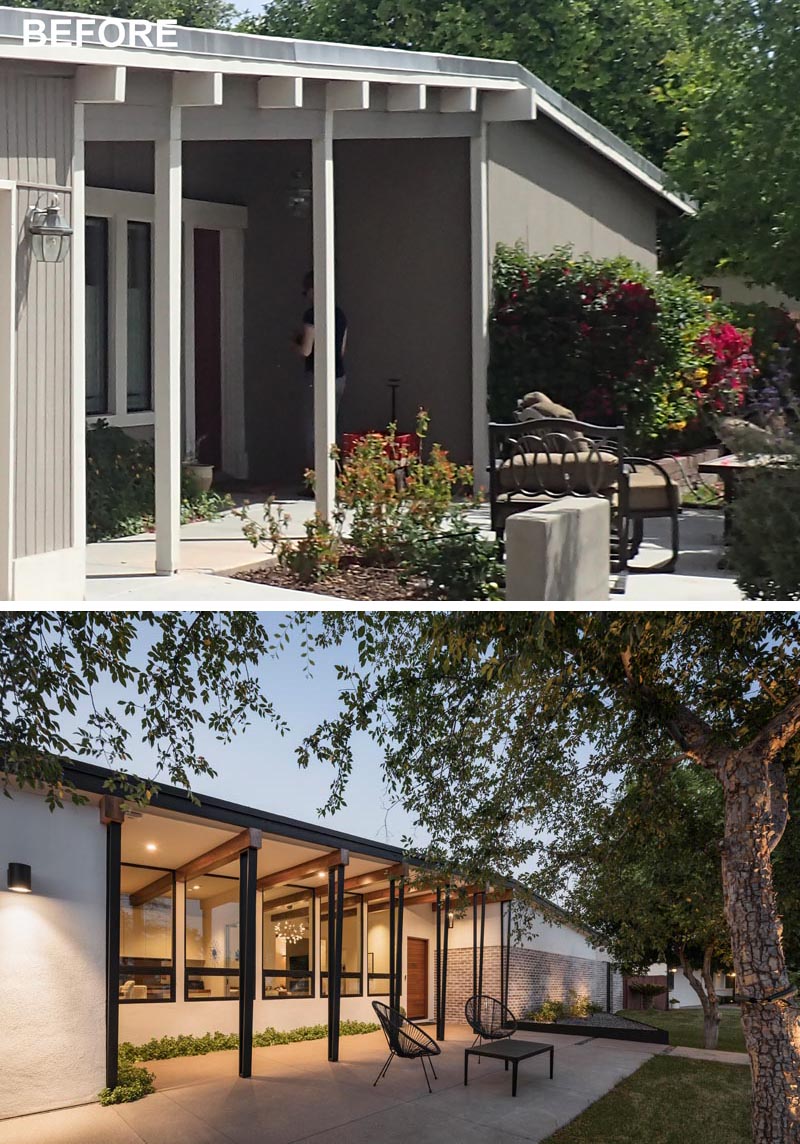 A mid-century modern house was renovated to include a new front porch with steel columns.