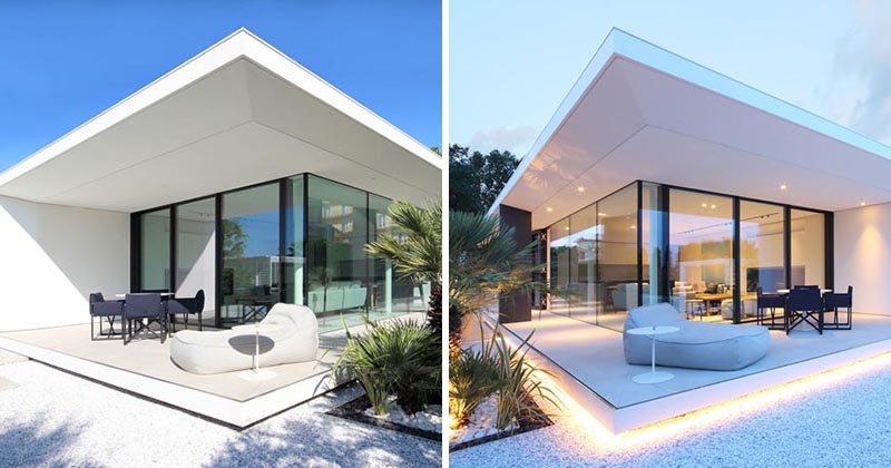 Outdoor Lighting Adds A Dramatic Element To This Modern White House