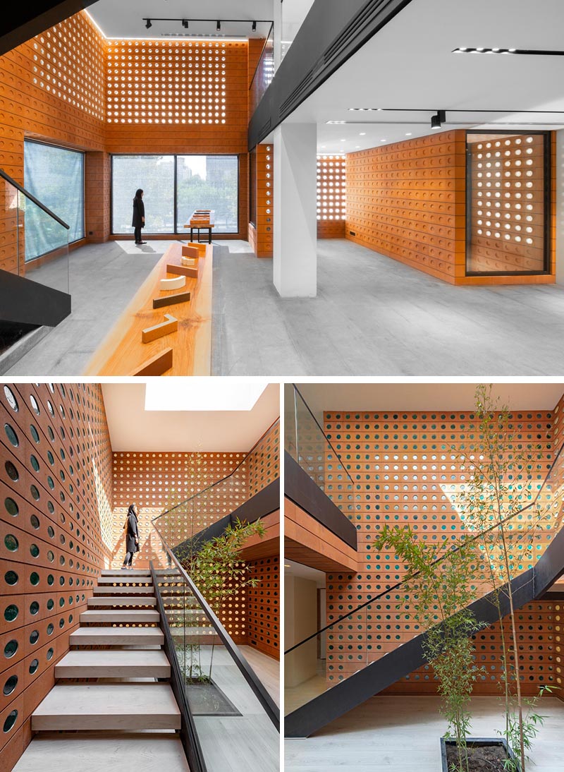 Custom modern bricks with small windows and circular indents were used in the construct of this building's walls.