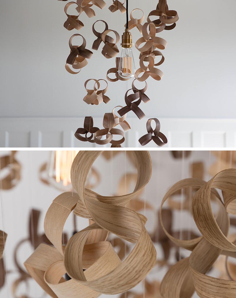 Wood curls have been used to design a sculptural chandelier.