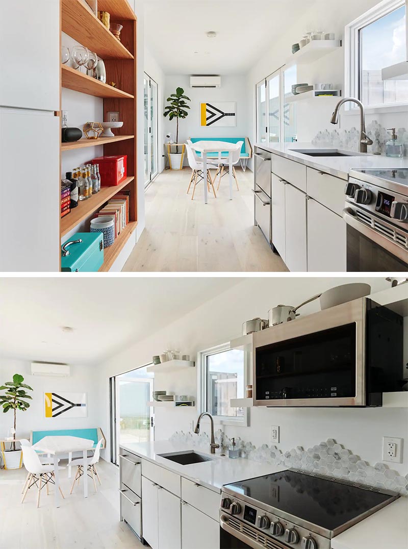 A small shipping container house with a bright open plan living room and kitchen.