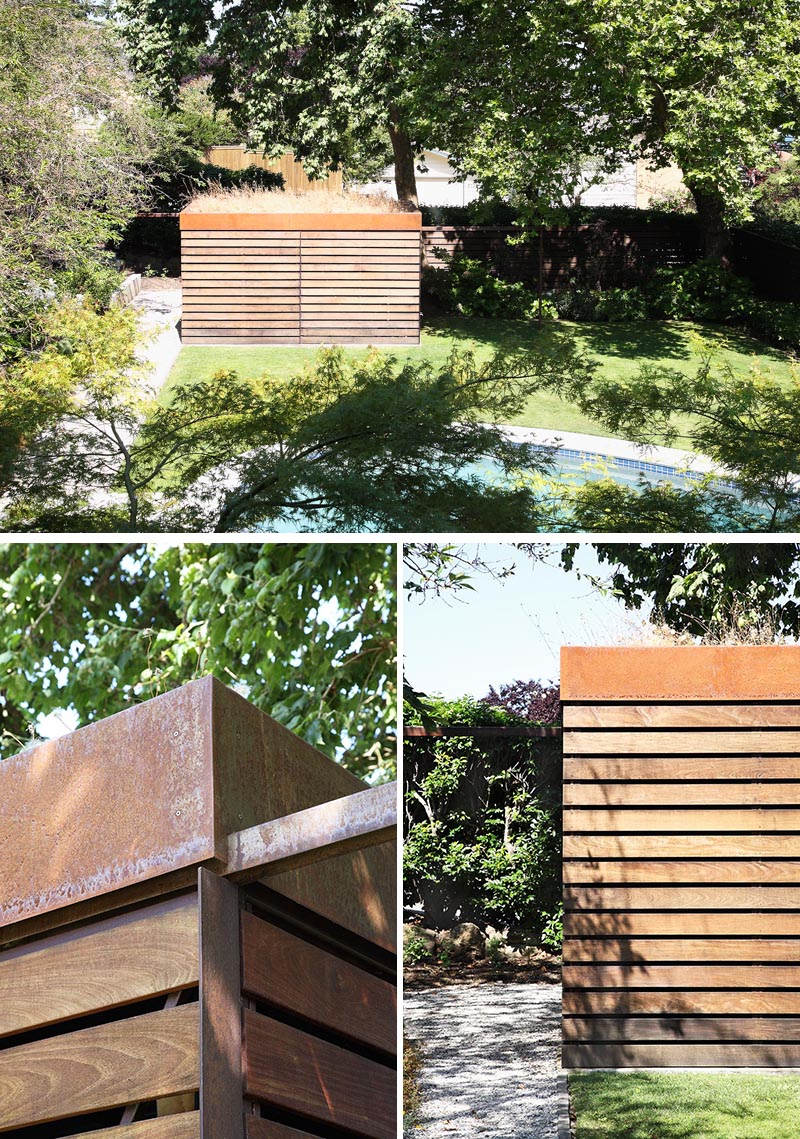 A modern backyard shed with a green roof, that has an exterior of Ipe wood and weathered steel.