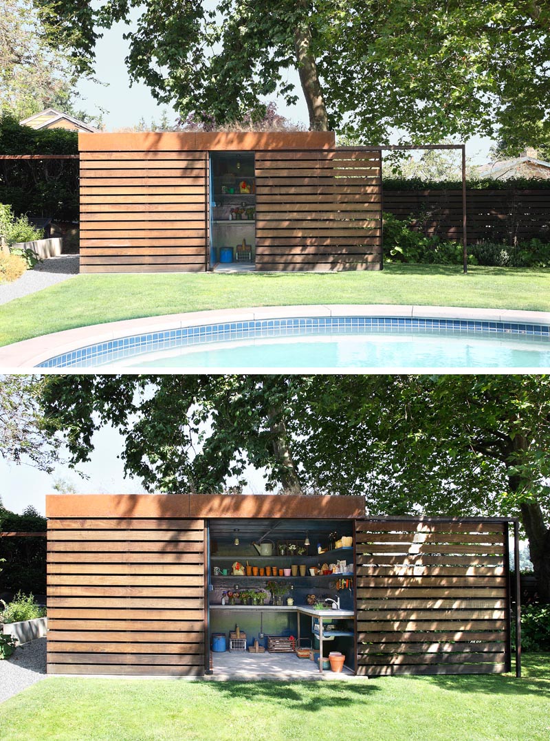 A modern backyard shed that hides a potting room behind a sliding door.