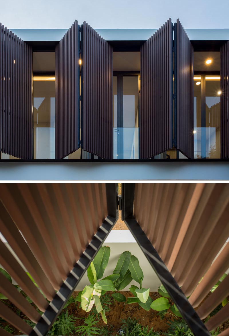 Modern shutters made from wood slats.