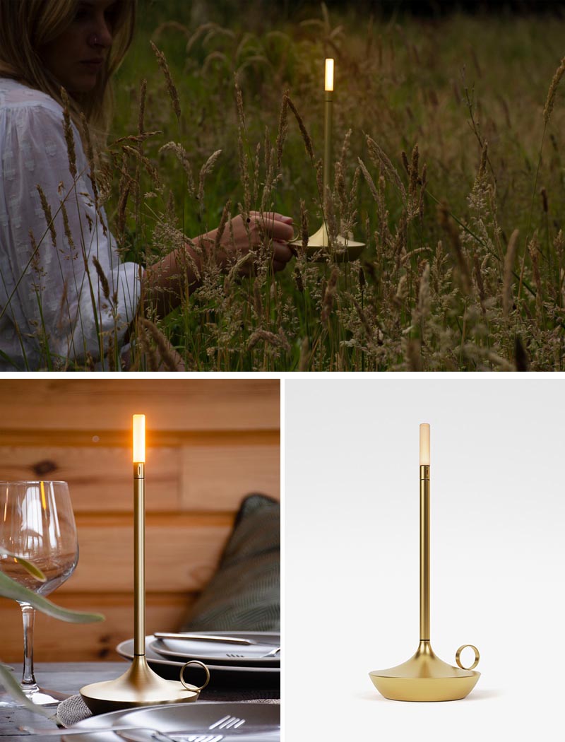 A modern portable lamp that draws inspiration from an old handheld candle holder.