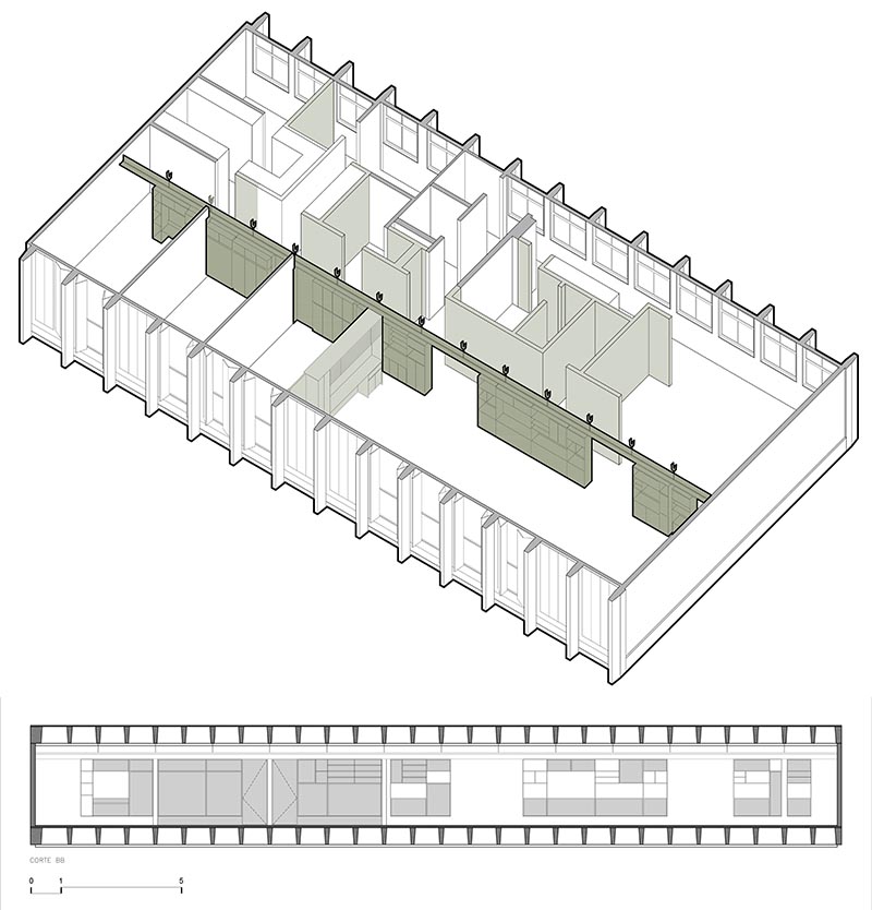 A long hanging and movable shelving unit runs the length of the apartment.