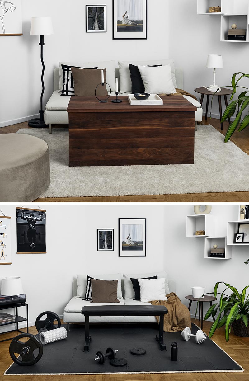 A walnut coffee table can be lifted to reveal a bench press, while a floor lamp transforms into a curl bar.