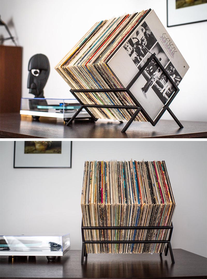 Minimalist vinyl record storage cube made from black metal.