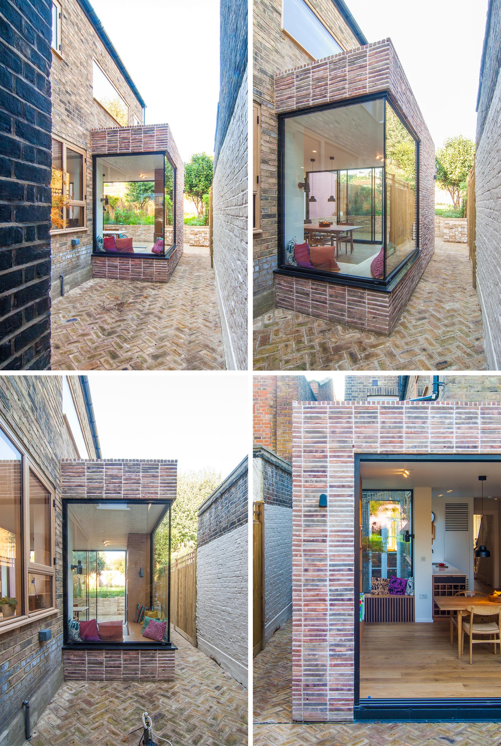 An L-shaped extension has been added to a London home, and makes space for a corner window seat and a tall bookshelf.
