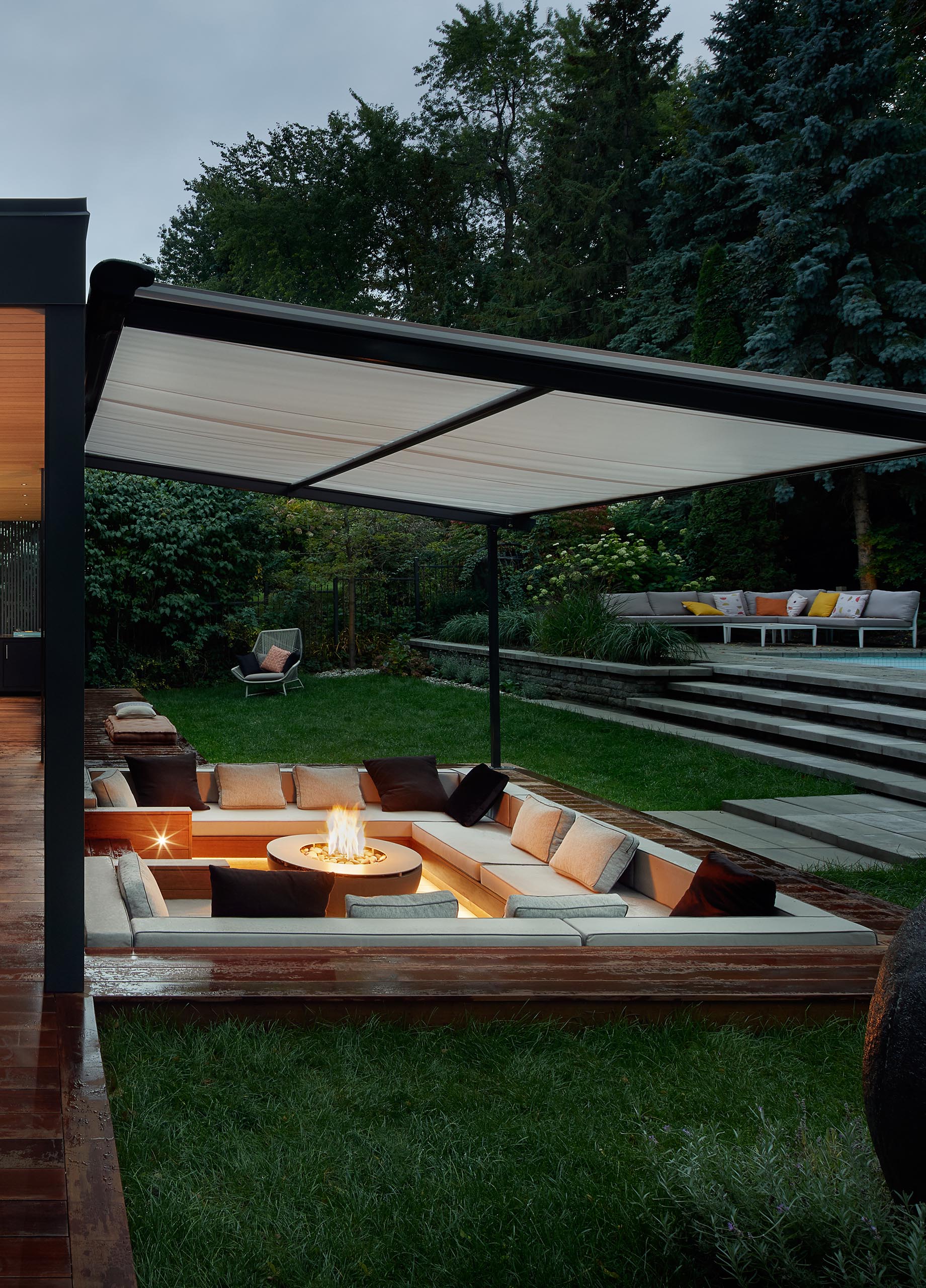 A covered sunken conversation pit.