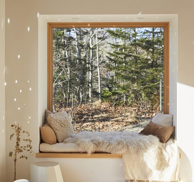 A cozy window seat with views of the trees.