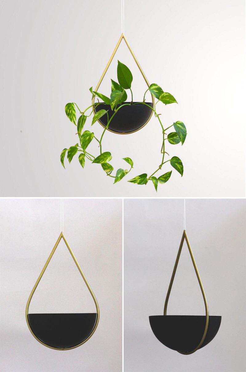 A modern hanging planter with a teardrop shape.