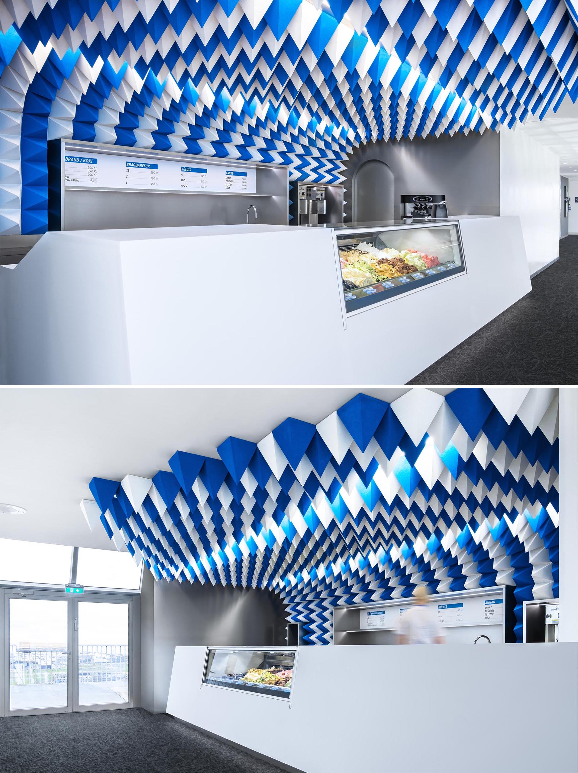 Blue and white foam pyramids were used to create a sculptural ceiling installation.