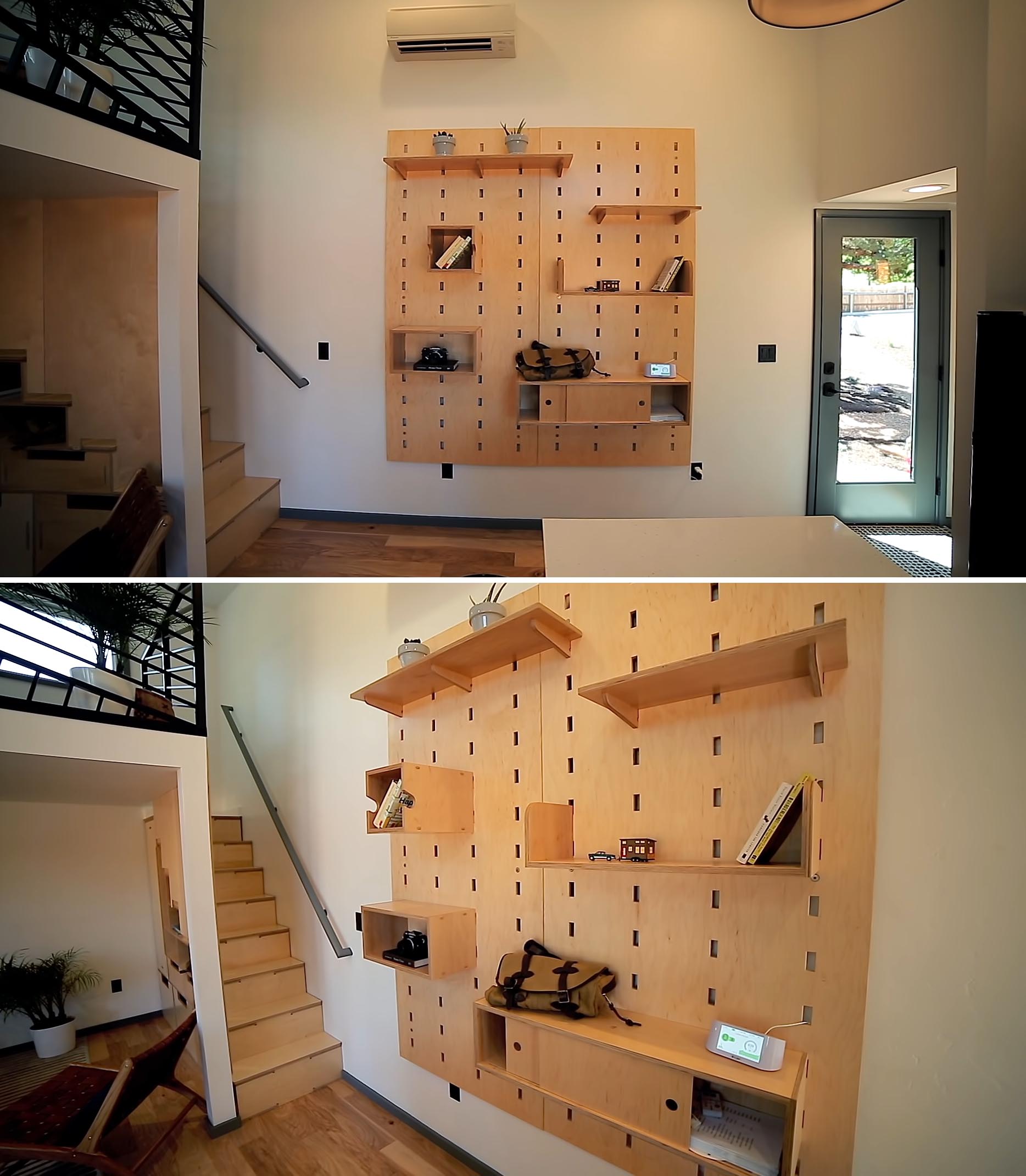 A tiny house interior with a customizable pegboard wall with shelves and cabinets.