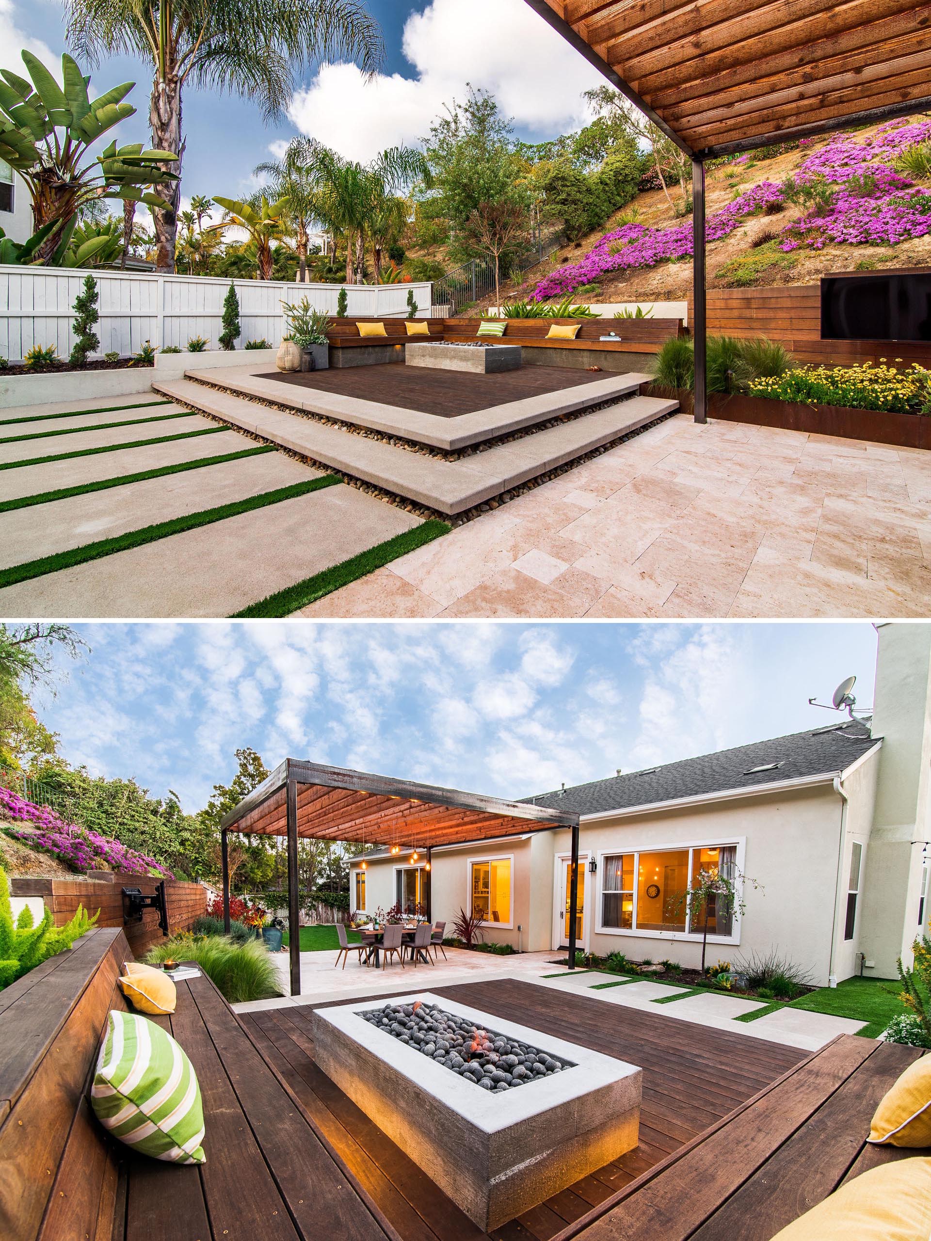 A modern yard with a raised seating area with a fire pit.