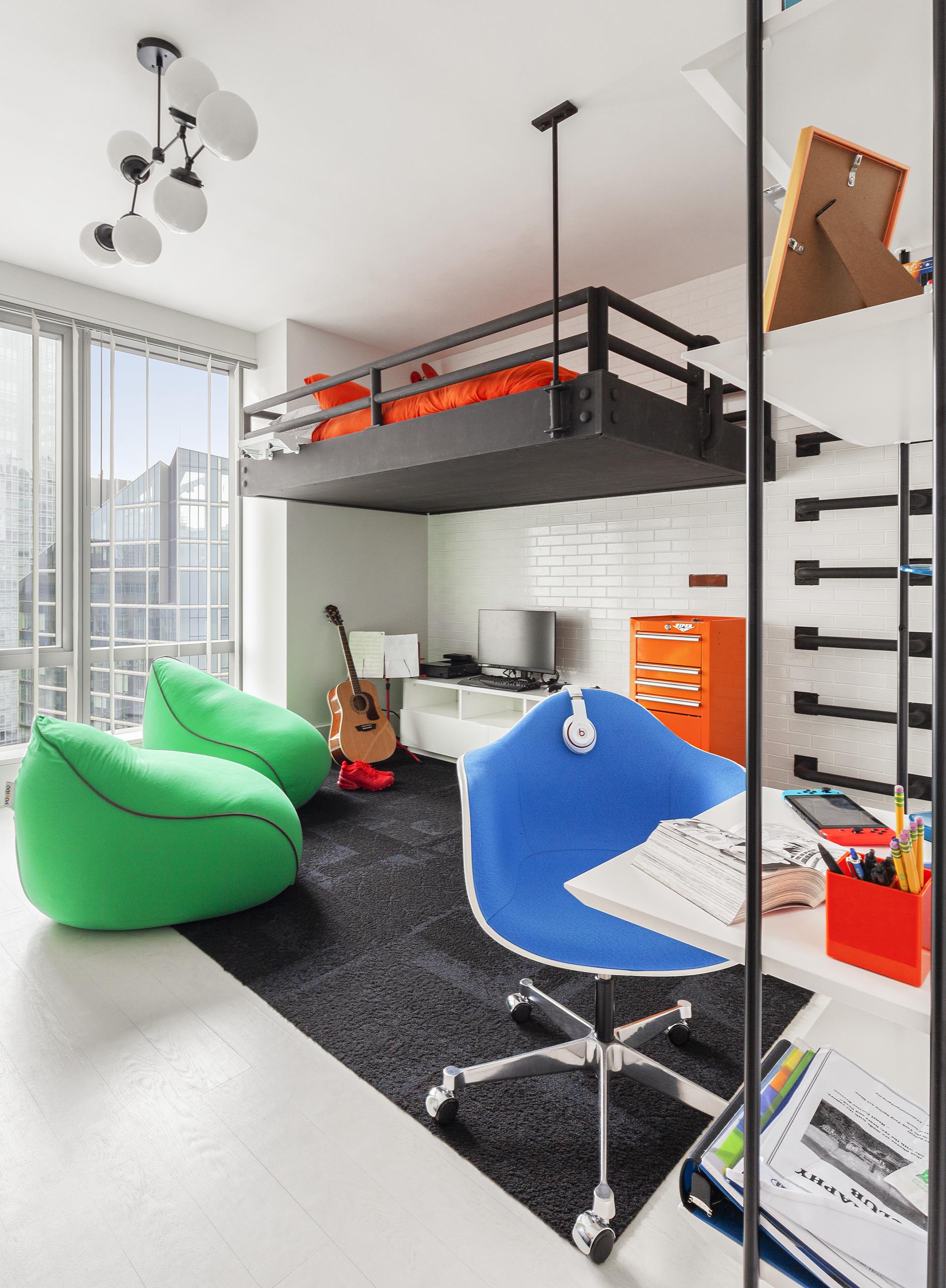 A teen bedroom with a loft bed.