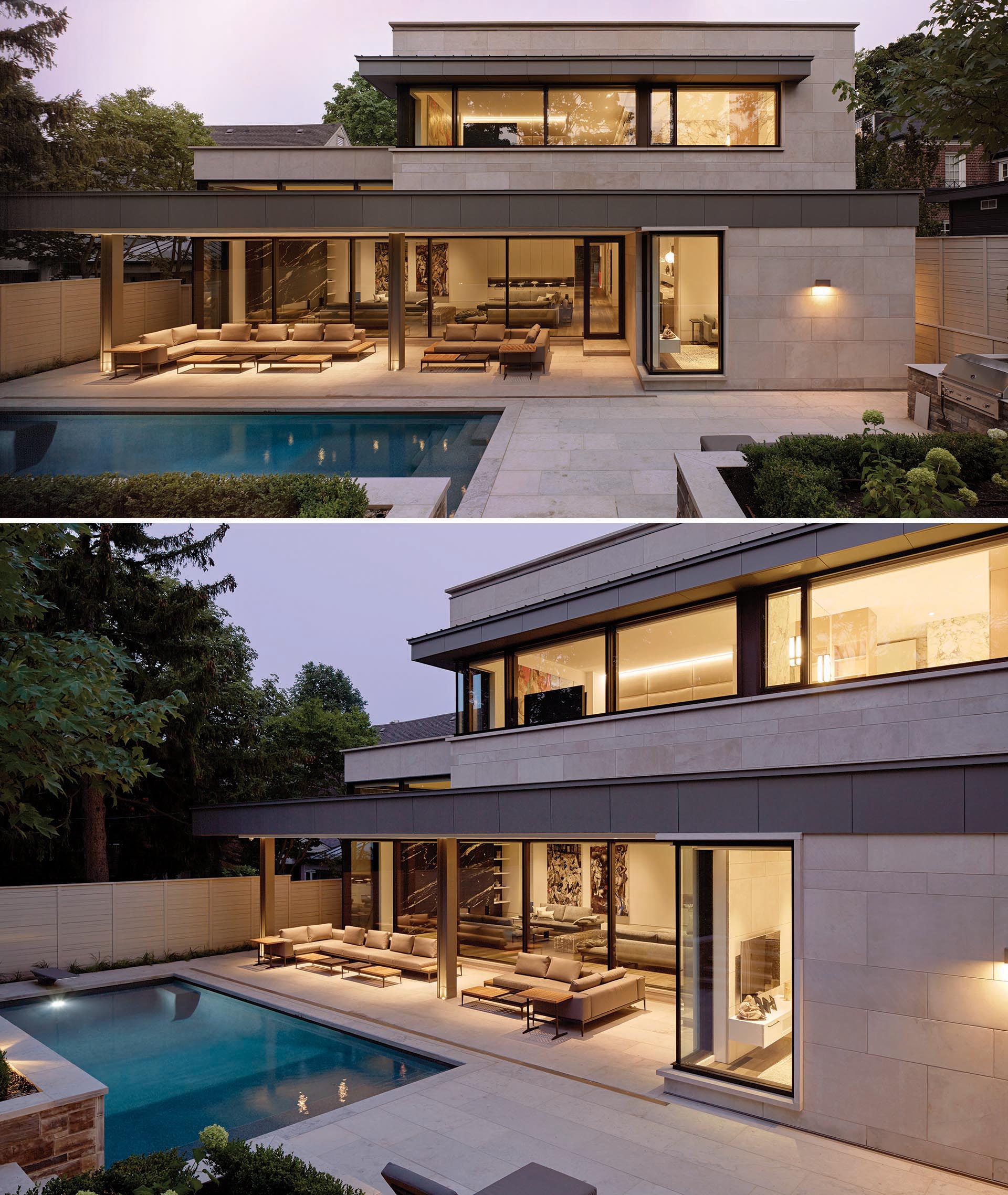 A modern house clad in limestone, opens up to an covered outdoor space and a swimming pool.