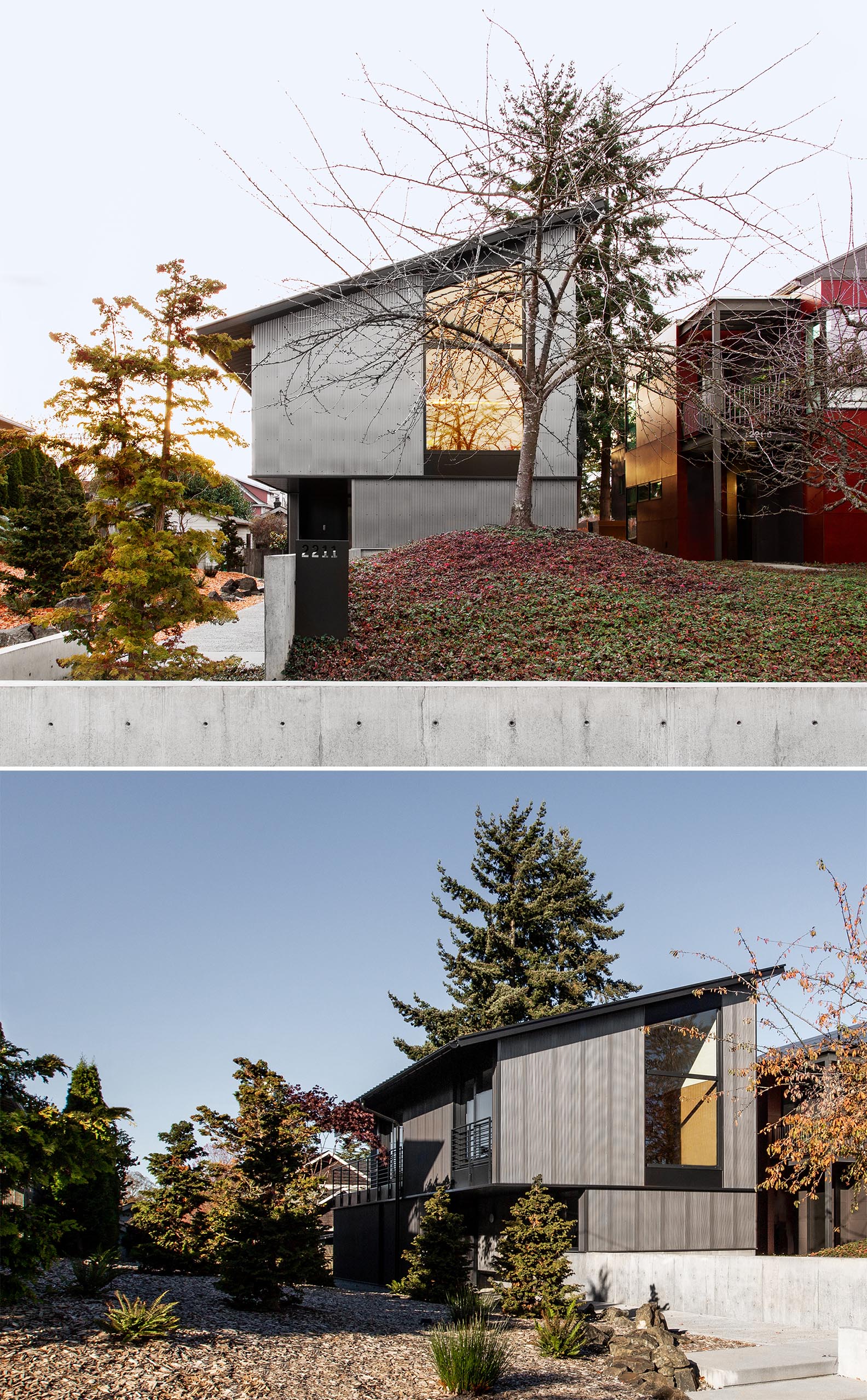 A modern house with corrugated metal siding, black accents, and a shed roof.