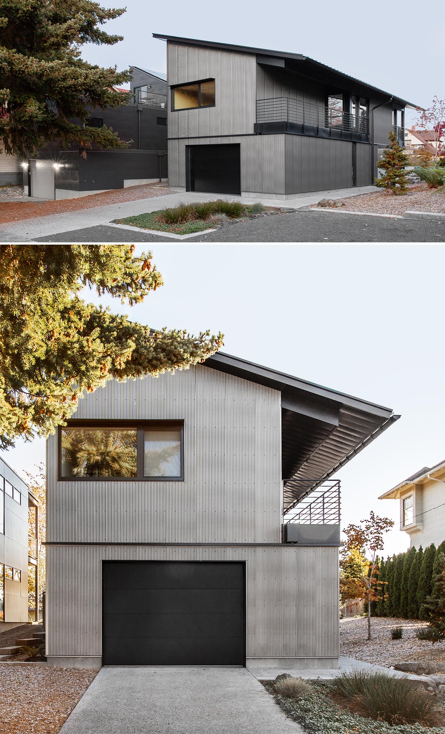 A modern house with an angular shed roof, corrugated metal siding, and black accents.