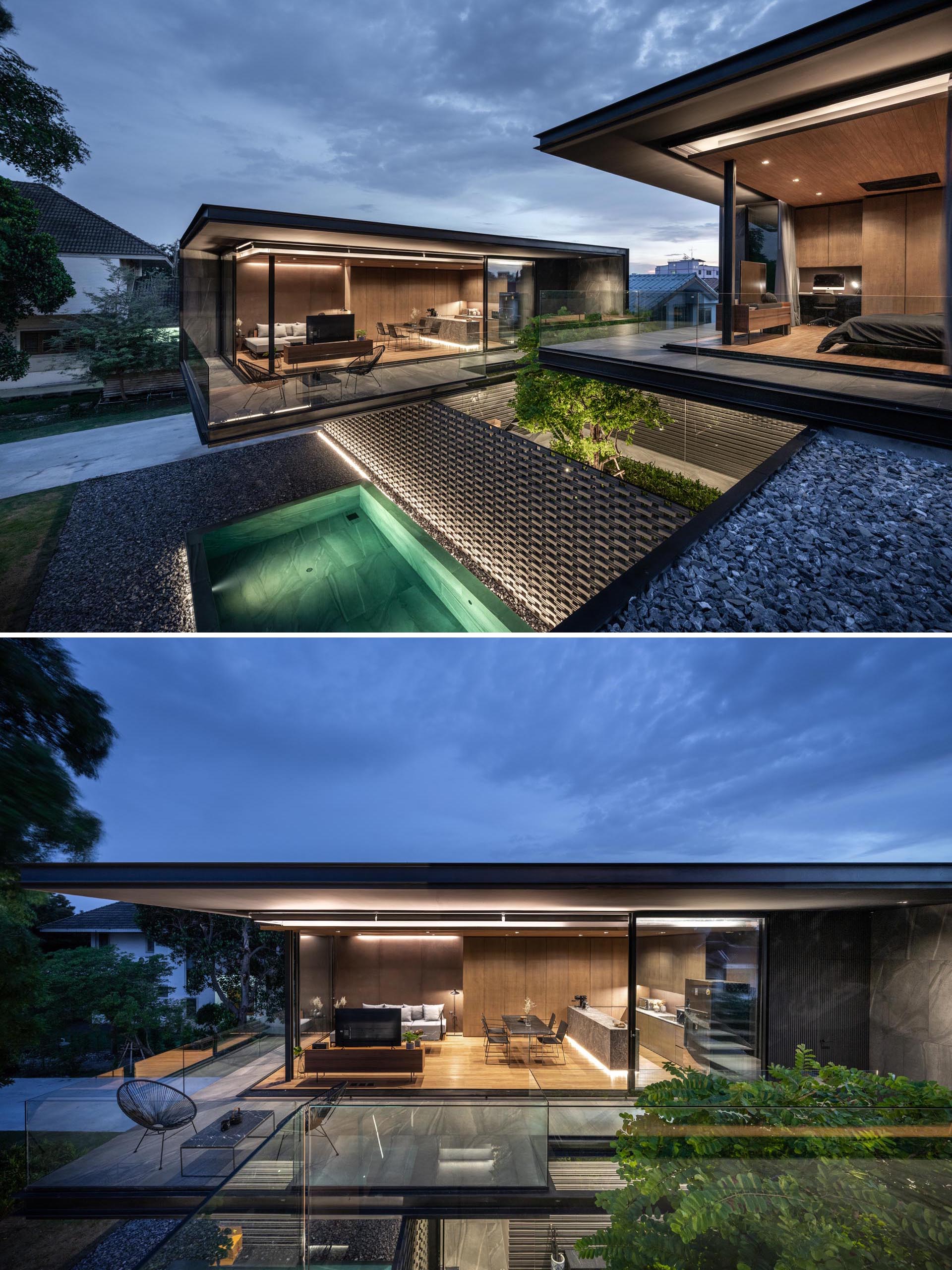 Indirect lighting has been used to highlight the lines of this modern house.