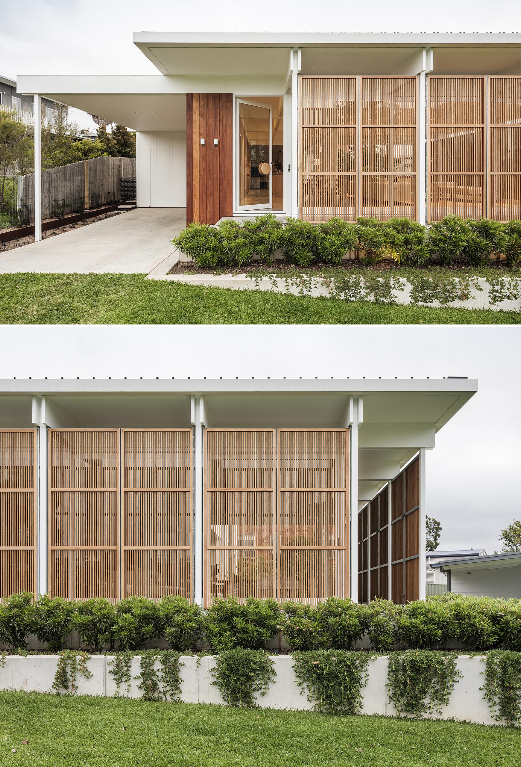 Operable wood screens close this house off from the elements.