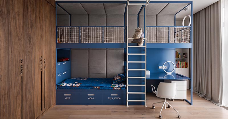 This Kids Bedroom With A Lofted Play Space, Climbing Gym, And Built-In Desk Will Make Their Friends Jealous
