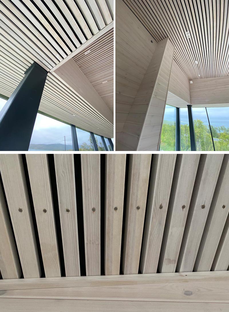 A modern ceiling made from wood slats.