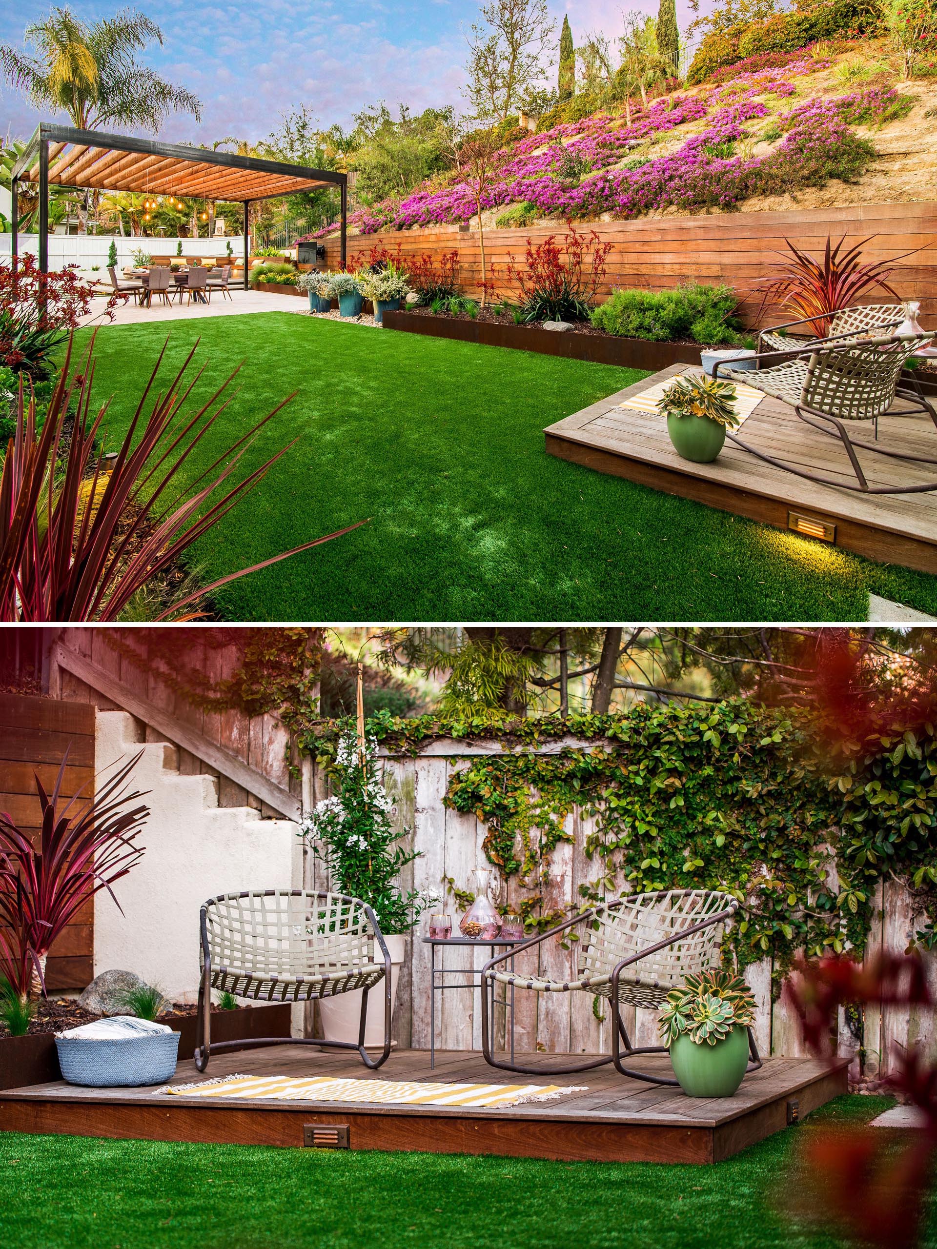 A modern yard with a wood retaining wall, steel planters, raised decks, and a steel and wood pergola.