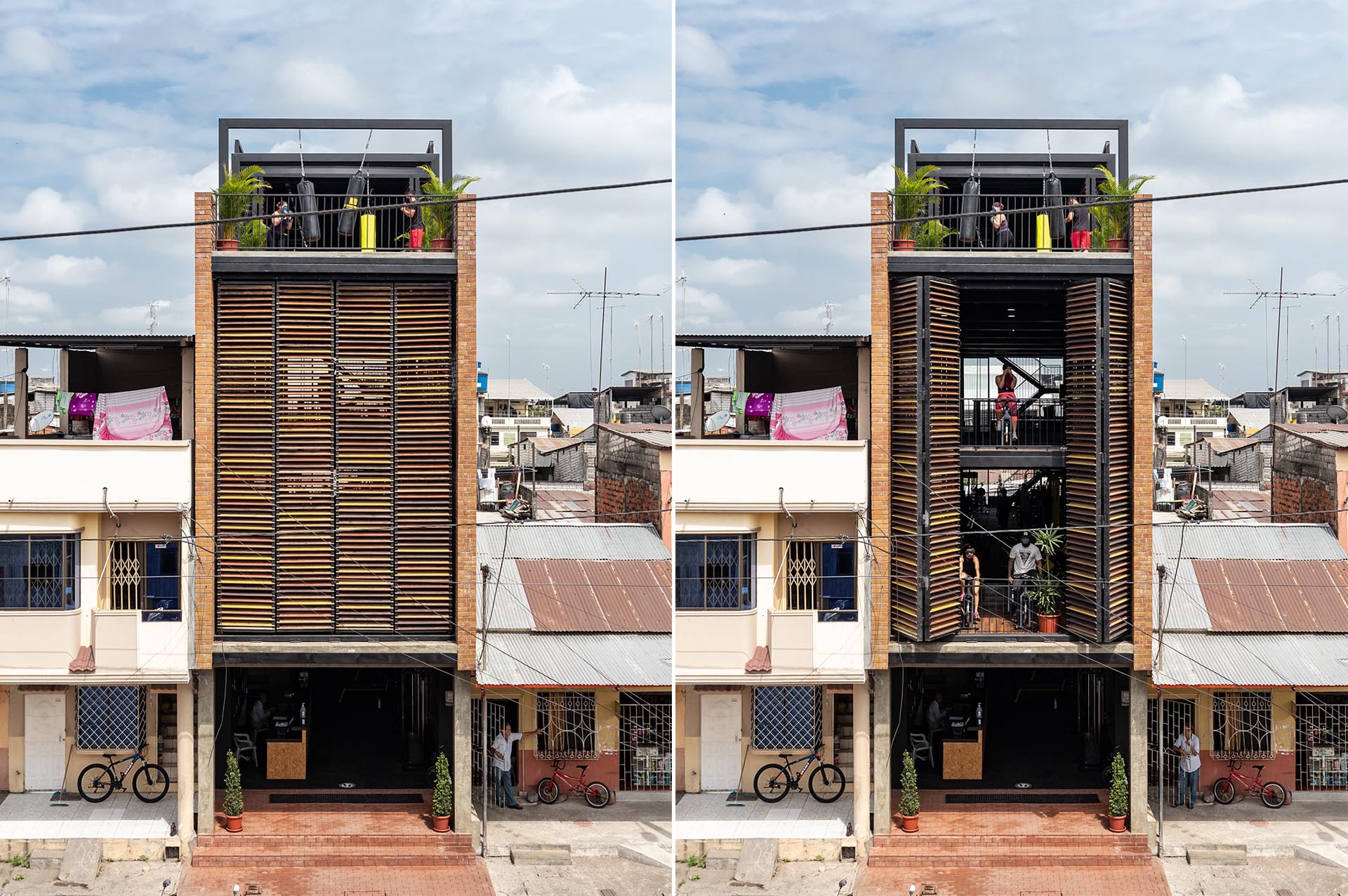 Oversized wood screens cover the facade of this building.