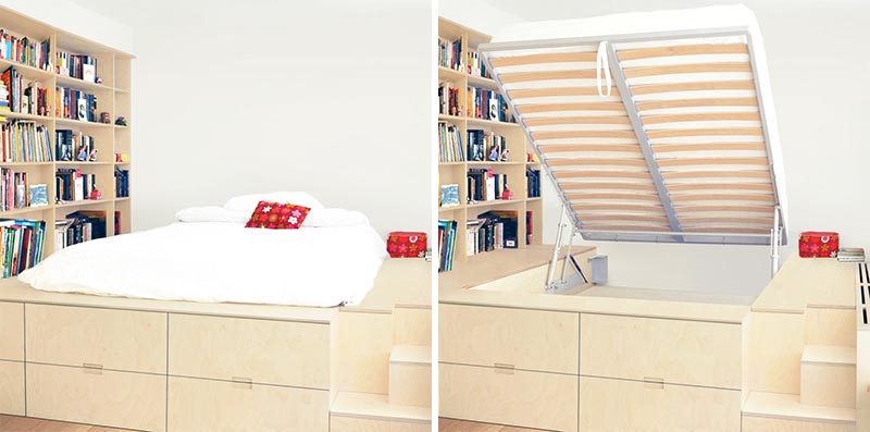 A custom platform bed that's been raised up to create hidden storage.