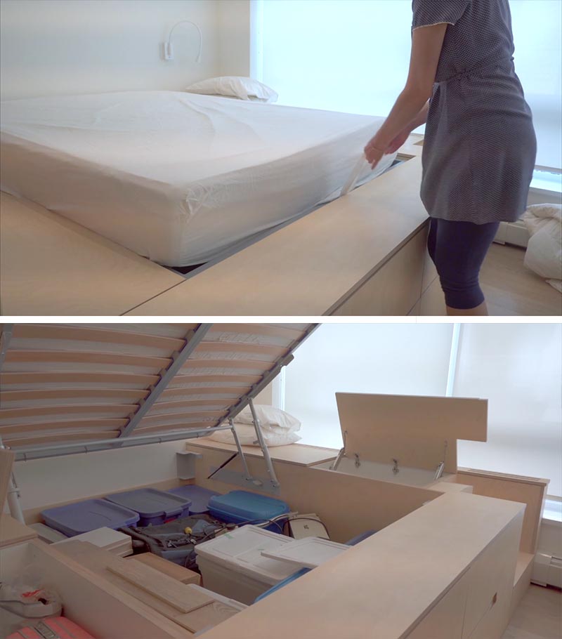 A custom designed platform bed that's been raised up to create hidden storage.