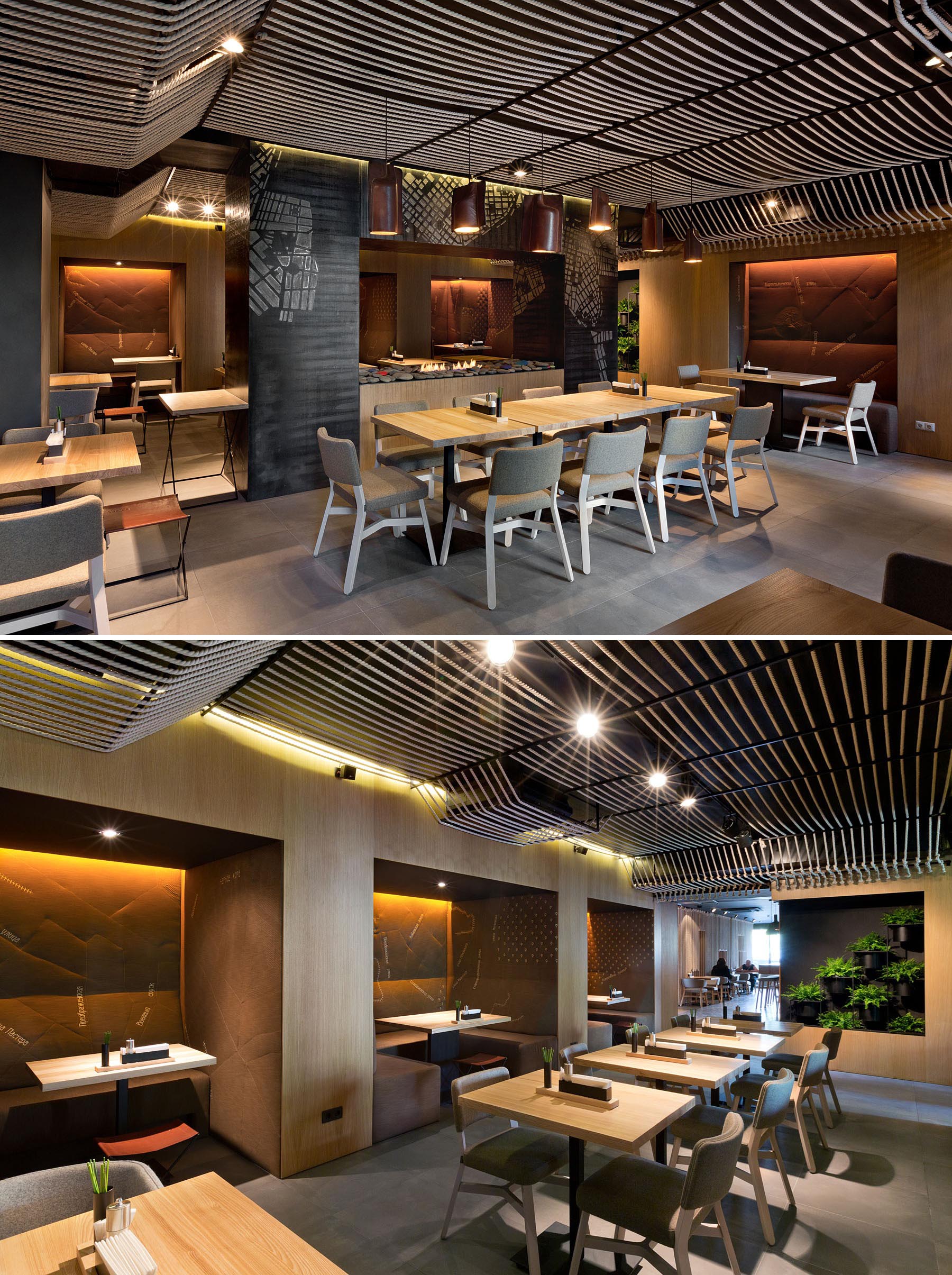 A modern restaurant with a rope ceiling installation.