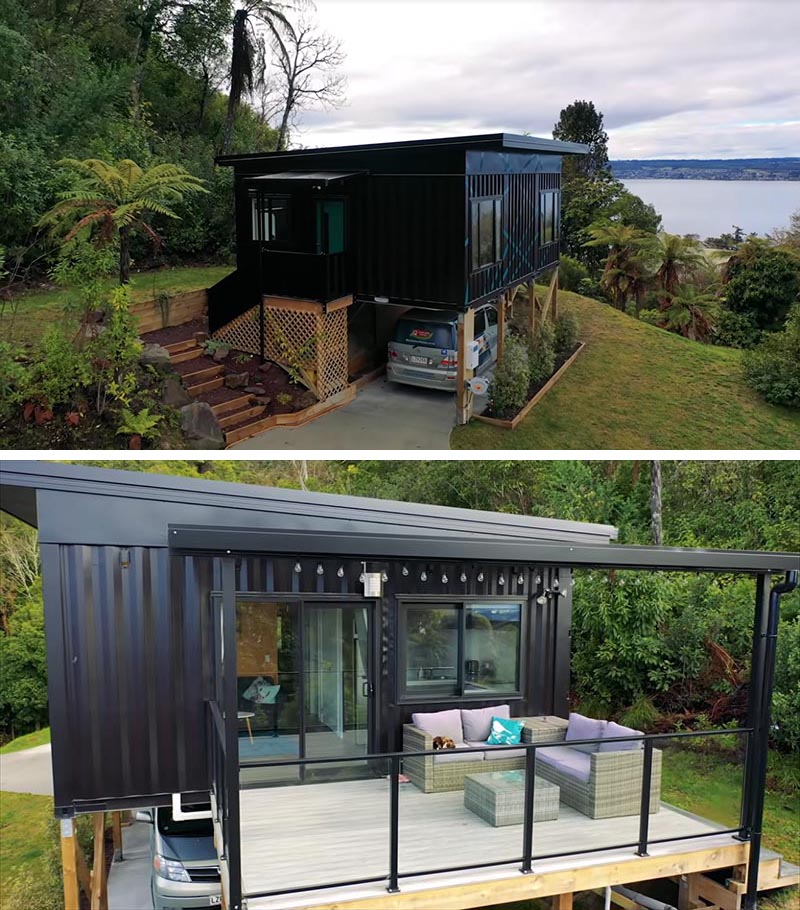 A small house constructed from three shipping containers.