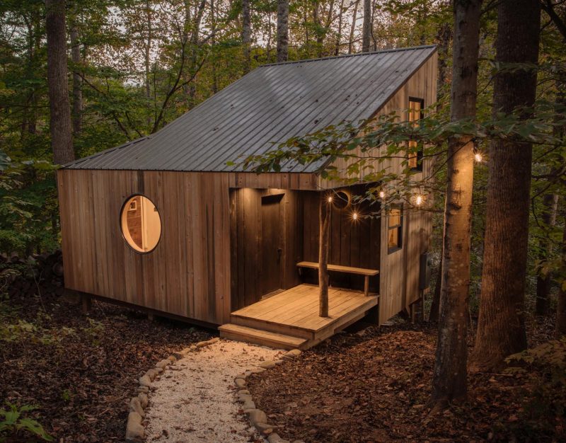 A small wood house in a forest