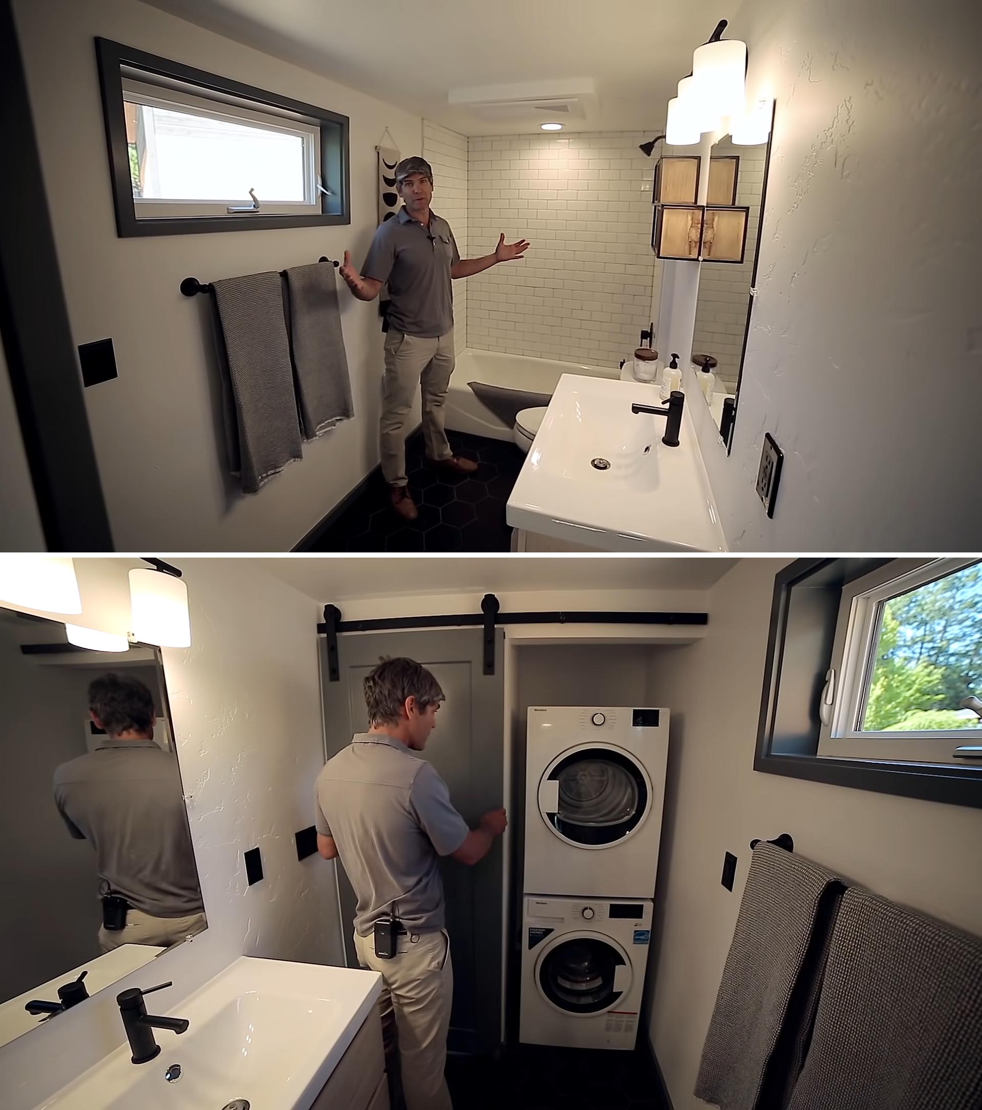 A small bathroom design with an included laundry area.