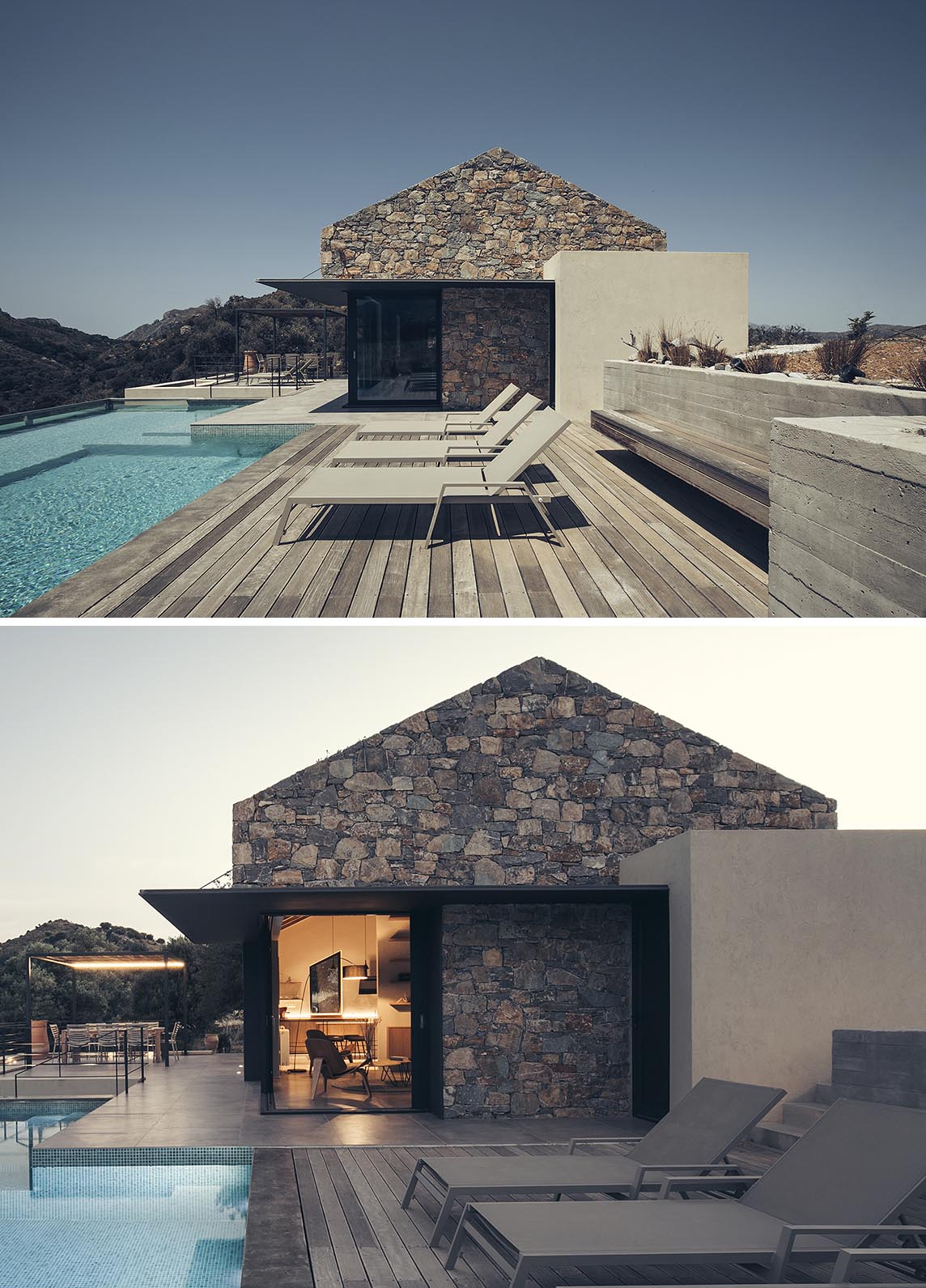 Black metal accents add a contrasting element to a contemporary summer house on the island of Crete.