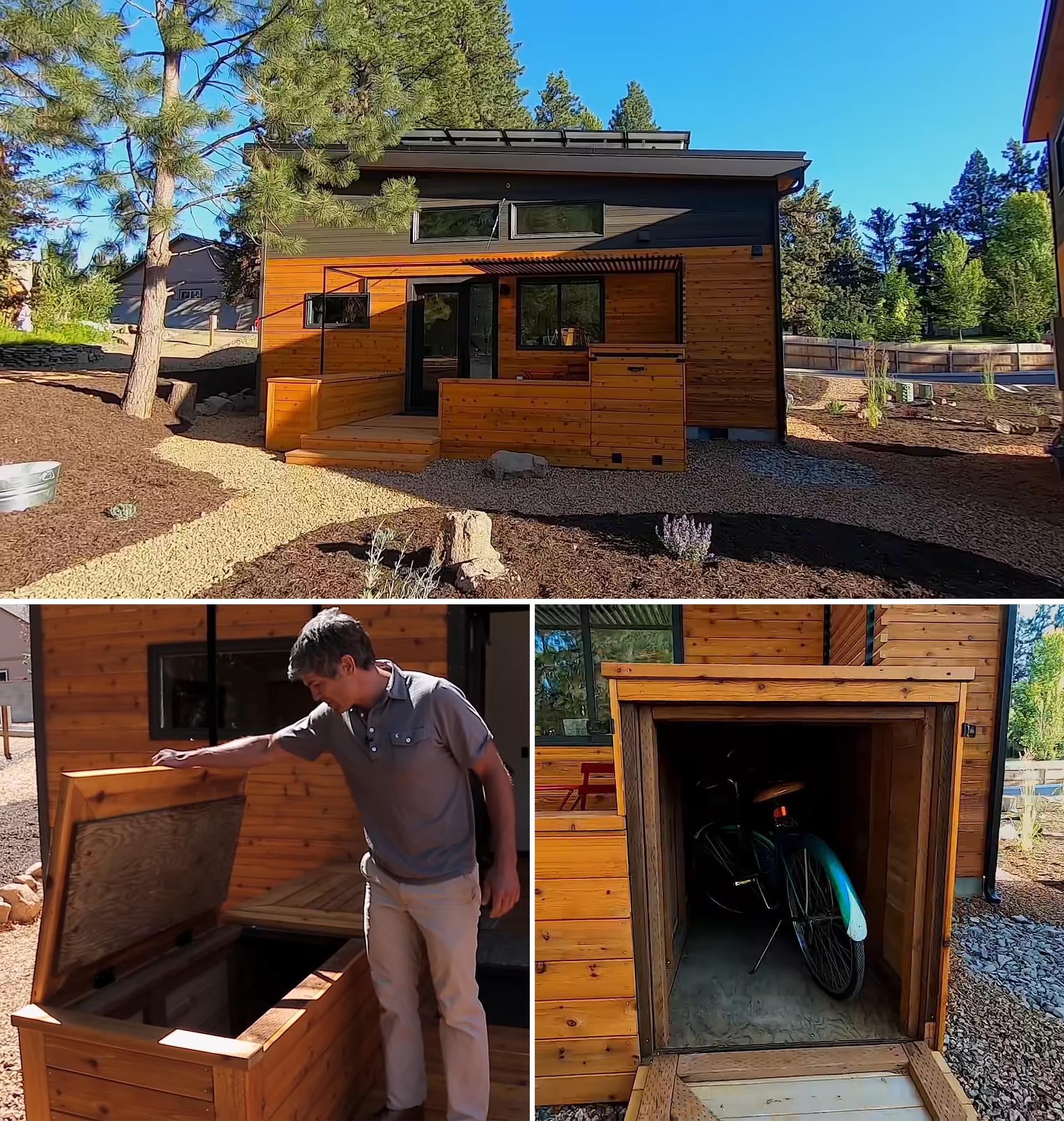 A modern wood clad tiny house with a deck, pergola, and storage boxes.