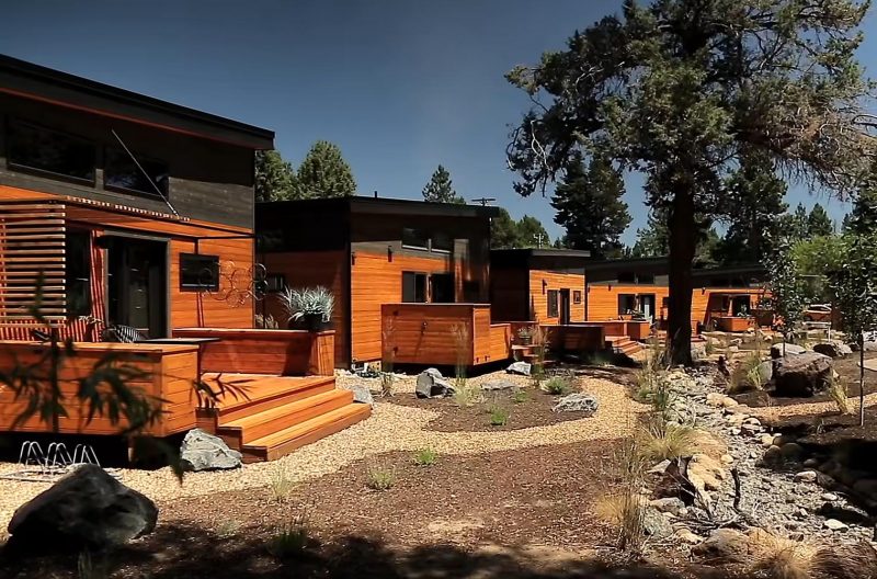 A modern tiny house community with homes and paths connecting them to the landscaping.