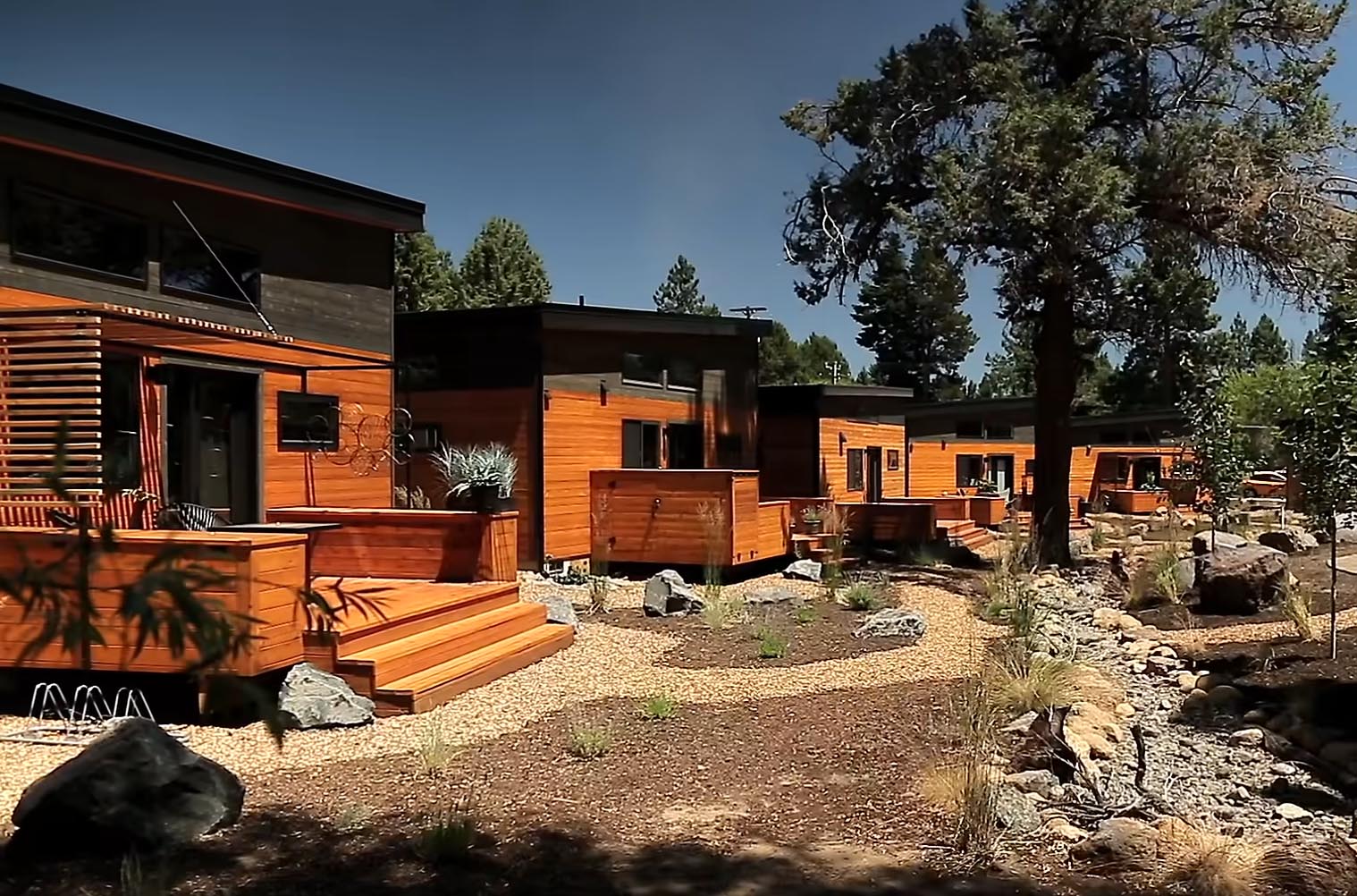 A modern tiny house community with homes and paths connecting them to the landscaping.