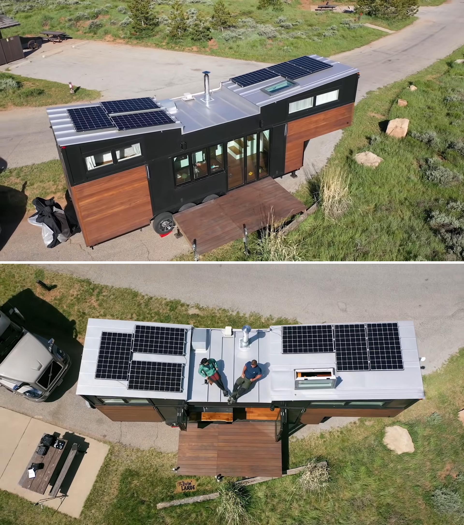 A high-end tiny house with solar panels and a removable deck.