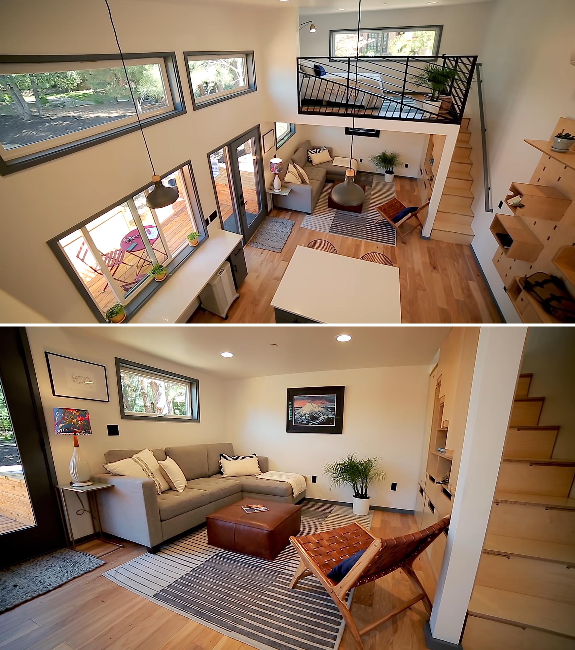 A tiny house with a main floor living room and kitchen, and a lofted bedroom.