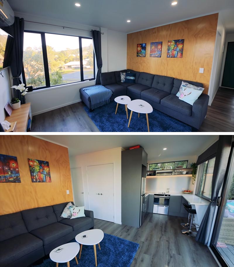 An open plan living room and kitchen in a small shipping container house