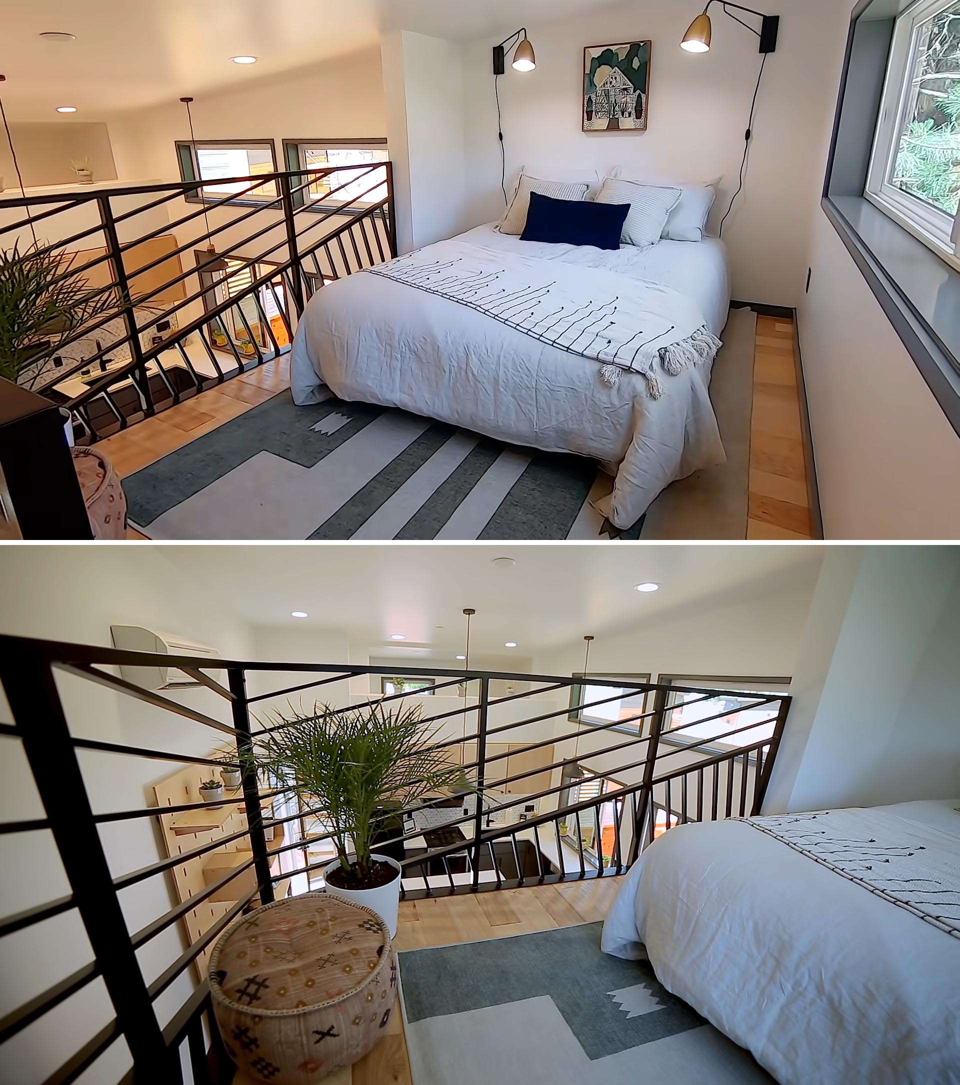A loft bedroom in a tiny house with an artistic steel railing.