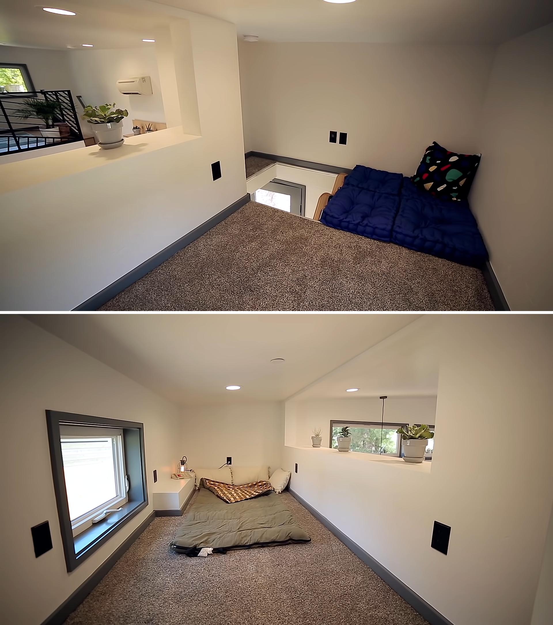 A lofted sleeping area in a tiny house that can be used as a home office or reading nook.