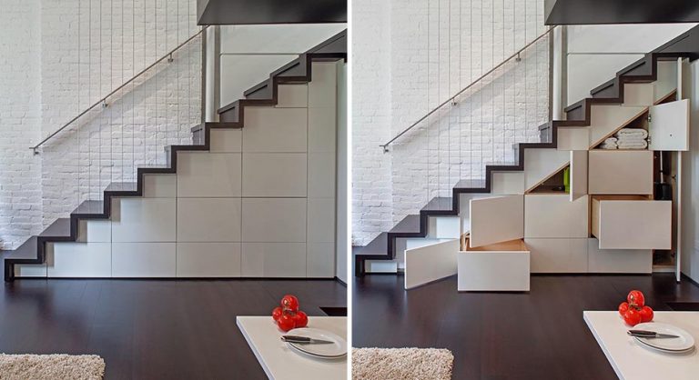 Cabinets And Drawers Under The Stairs Add Much Needed Storage Space To This Small Apartment