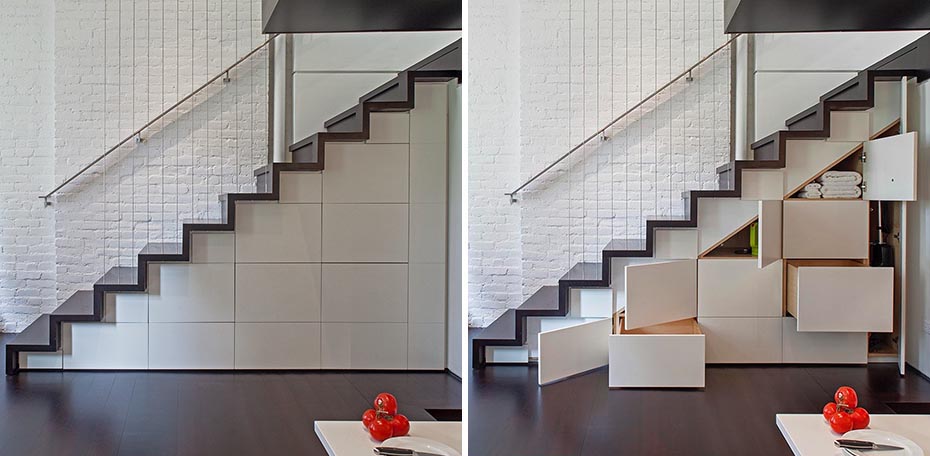 Cabinets And Drawers Under The Stairs Add Much Needed Storage Space To This Small Apartment