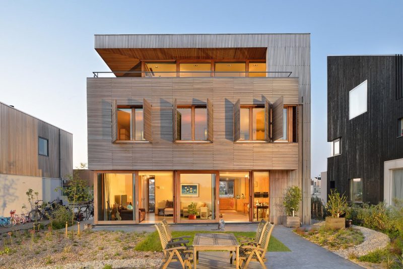 Modern wood window shutters on the exterior of a house