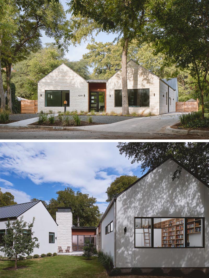 A modern light colored house with a separate home office.