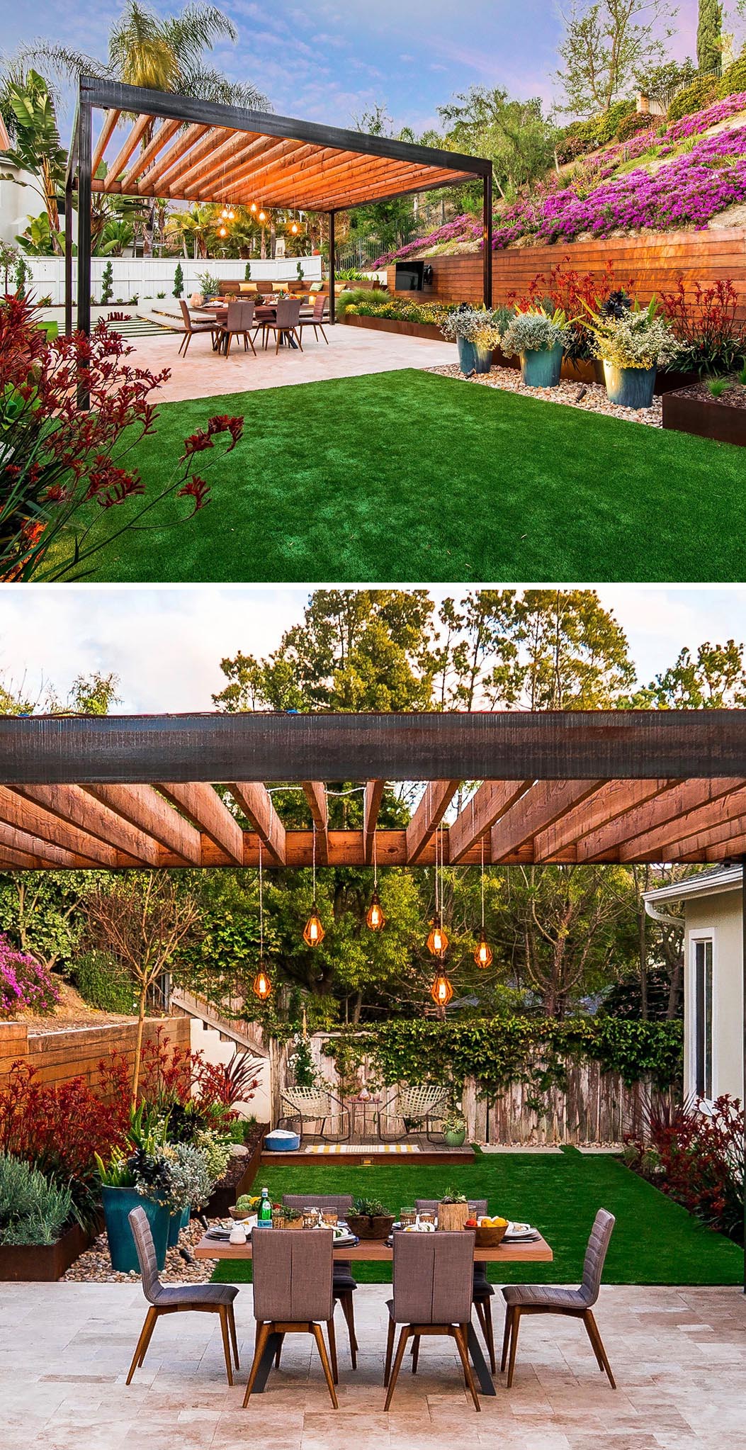 A modern yard with an alfresco dining area located underneath a steel and cedar wood pergola with travertine pavers.